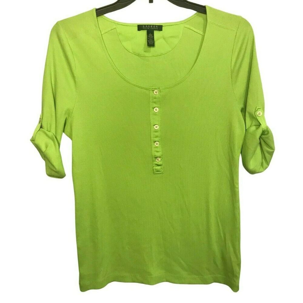 Lauren Ralph Lauren Womens Green Henley Knit Top Large Scoop Neck Roll Tab
